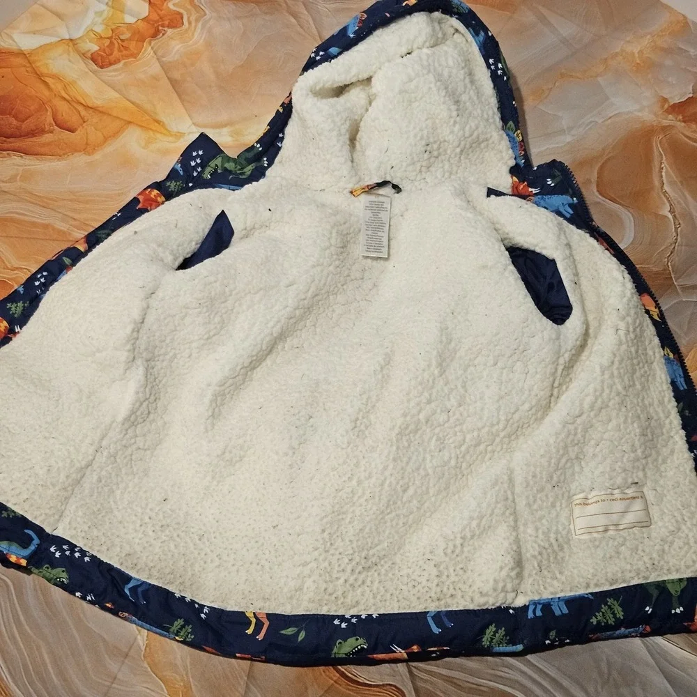 Gymboree Boys 5T Dinosaur Puffer Jacket Navy Hooded Sherpa Lined